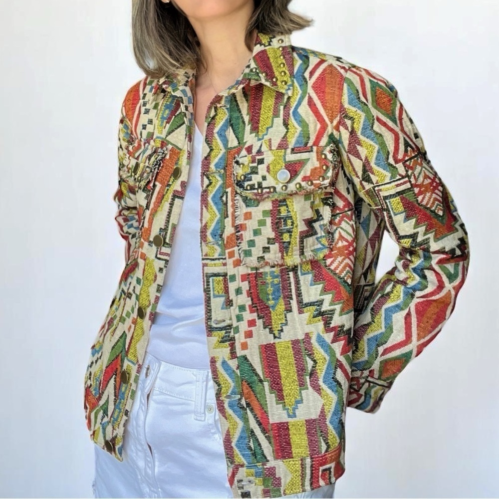 Pixie Carnival Boho Geo Ikat Studded Jacket Med | Southwestern Festival Handmade